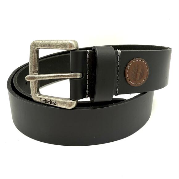 Timberland Men’s Black Leather Belt Size 36 Logo Patch Distressed Buckle - Picture 1 of 8